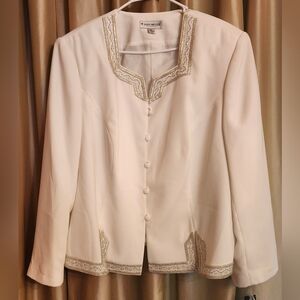 Cream Suit Jacket with Mandarin Collar and Silver Beaded Trim